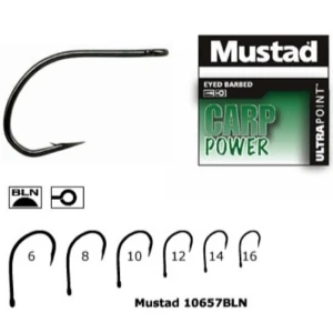 Carlige MUSTAD Ultrapoint Carp Power 10657BLN, Eyed Barbed, Nr.6, 10buc/pac Carlige MUSTAD Ultrapoint Carp Power 10657BLN, Eyed Barbed, Nr.6, 10buc/pac