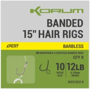 Carlige Legate Korum Hair Rigs Barbless, 12lbs, Nr.10, 38cm, 8buc/pac