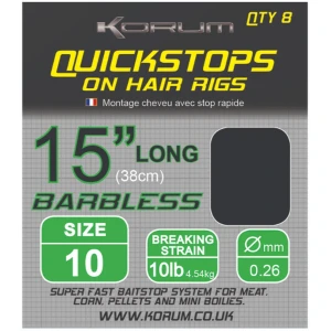 Carlige Legate Korum Hair Rigs Barbless With Qickstops, 38cm, Nr.10, 8buc/pac