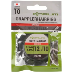 Carlige Legate Korum River Grappler Hair Rigs M1 Barbed, Nr.14, 100cm, 5buc/pac