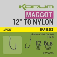 Carlige Legate Korum Xpert Maggot Barbless Hooks To Nylon Nr.16, 30cm, 0.15mm, 4lb, 8buc/pac