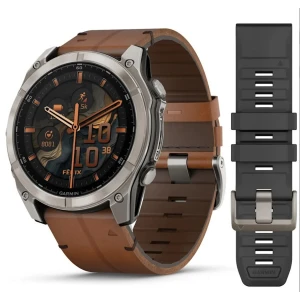 Ceas Garmin Fenix 8 Amoled Sapphire Titan, Curea Din Piele, Black / Chestnut, 51mm, Emea