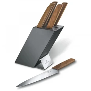 Set 6 Cutite Victorinox Swiss Modern Knife Block + Suport Lemn Gri, Manere Cutite Maro Set 6 Cutite Victorinox Swiss Modern Knife Block + Suport Lemn Gri, Manere Cutite Maro
