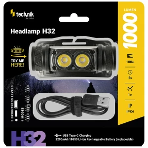 Lanterna De Cap Technik Headlamp H32 (cu Baterie) Osram P9 + Usb-c (1000 De Lumeni)